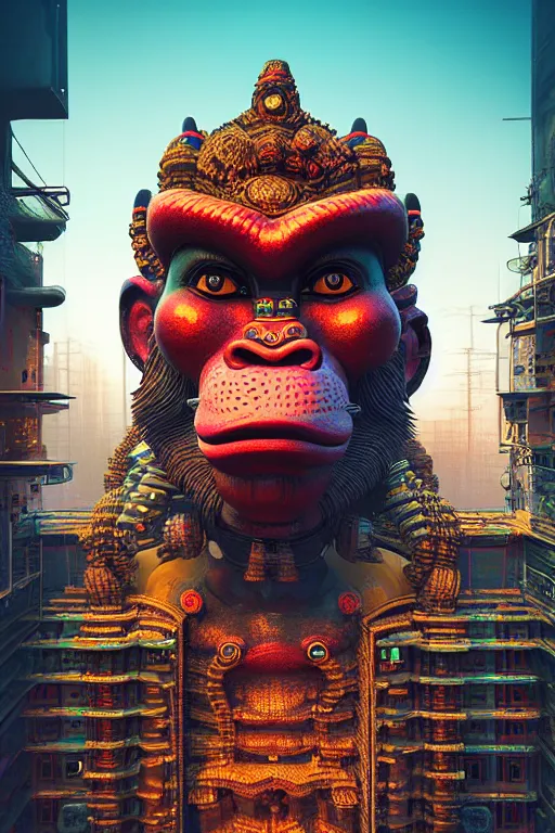 Image similar to high quality 3 d render post - rococo cyberpunk hanuman! head building, neon madhubani, highly detailed, in sci - fi mumbai, cinematic smooth unreal engine, lee madgwick & liam wong, dramatic light, low angle, uhd 8 k, sharp focus