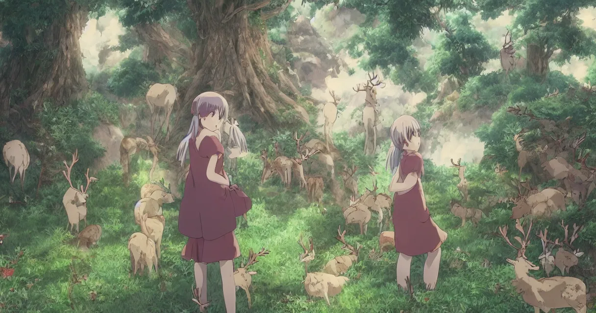 Prompt: anime girl peeking behind a bush while looking at a pack of reindeers, beautiful ambiance, studio ghibli style, by hayao miyazaki, sharp focus, very detailed, 4k