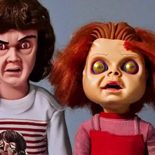 Image similar to Stranger Things episode featuring Chucky the killer doll from the movie Child's Play