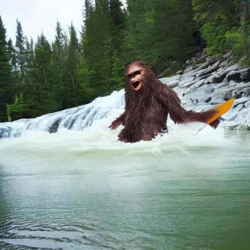 Image similar to a sasquatch in a canoe going over a waterfall