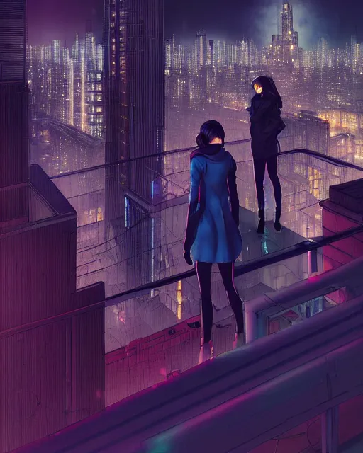 Image similar to a night rooftop scene by Liam Wong, a photorealistic beautiful half cyborg woman by Artgerm and NeoArtCorE on the rooftop looking at the city below, the half cyborg woman is wearing a long trench coat