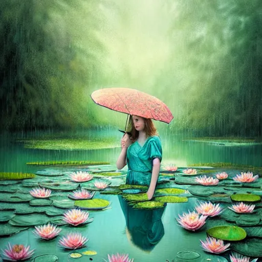 Image similar to light teal portrait in the rain on pond with waterlilies, fantasy, intricate, elegant, dramatic lighting, emotionally evoking symbolic metaphor, highly detailed, lifelike, photorealistic, digital painting, artstation, concept art, smooth, sharp focus, illustration, art by John Collier and Albert Aublet and Krenz Cushart and Artem Demura and Alphonse Mucha