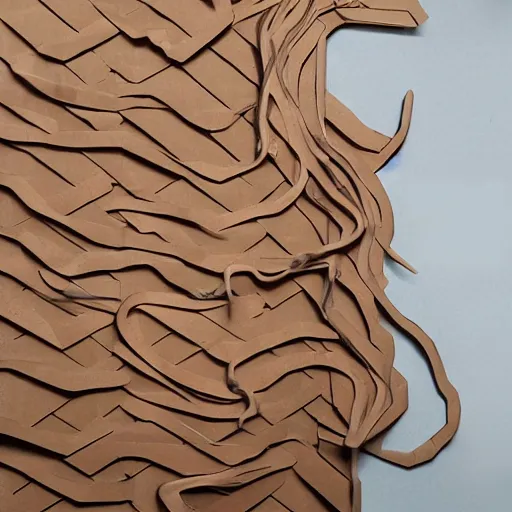 Image similar to tentacles made of brown corrugated cardboard, cut out of cardboard, realistic photography, fantasy