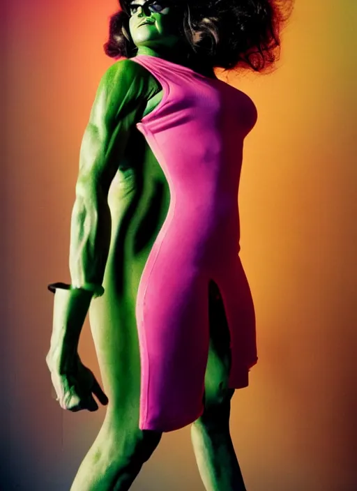 Image similar to a color photo portrait of she hulk in la wearing 6 0's fashion by tim walker, dramatic lighting, 7 5 mm lens, sharp focus.