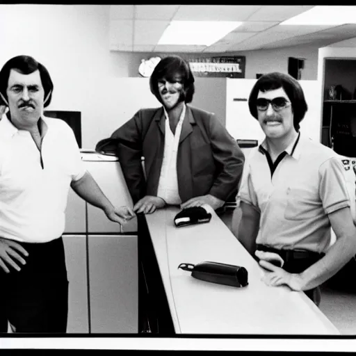 Prompt: photograph of 4 old men wearing white polo shirts and black khaki pants working behind the counter of an enterprise rent - a - car in 1 9 7 5