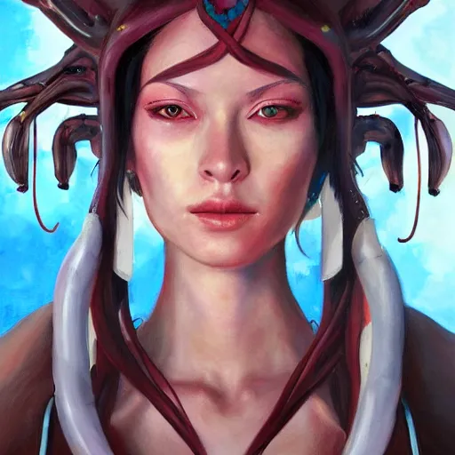 Prompt: a hyperrealistic painting of a beautiful alien priestess in the style of WLOP and Jason Chan