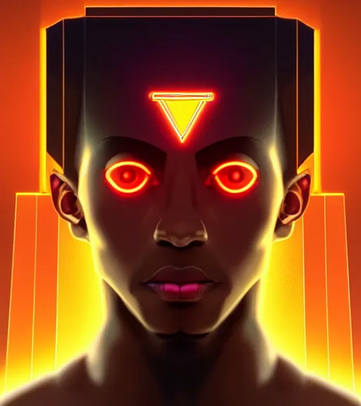 Image similar to symmetry!! egyptian god of technology, solid cube of light, hard edges, product render retro - futuristic poster scifi, lasers and neon circuits, brown skin handsome egyptian god, intricate, elegant, highly detailed, digital painting, artstation, concept art, smooth, sharp focus, illustration, dreamlike, art by artgerm