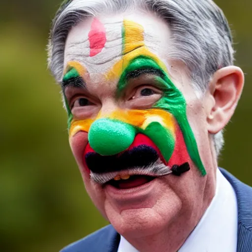 Prompt: Jerome Powell with colorful clown makeup all over his face whiteface, walking outside in a garden