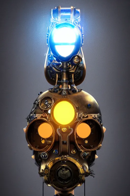 Image similar to steampunk mask minimalist fantasy art robot ninja helmet, global illumination ray tracing hdr fanart arstation by sung choi and eric pfeiffer and gabriel garza and casper konefal radiating a glowing aura