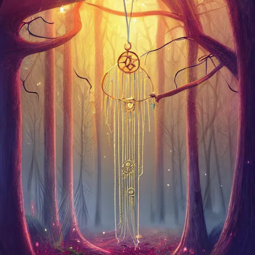 Prompt: fantasy artwork of a magical forest with golden wind chimes hanged to the trees, artstation winner