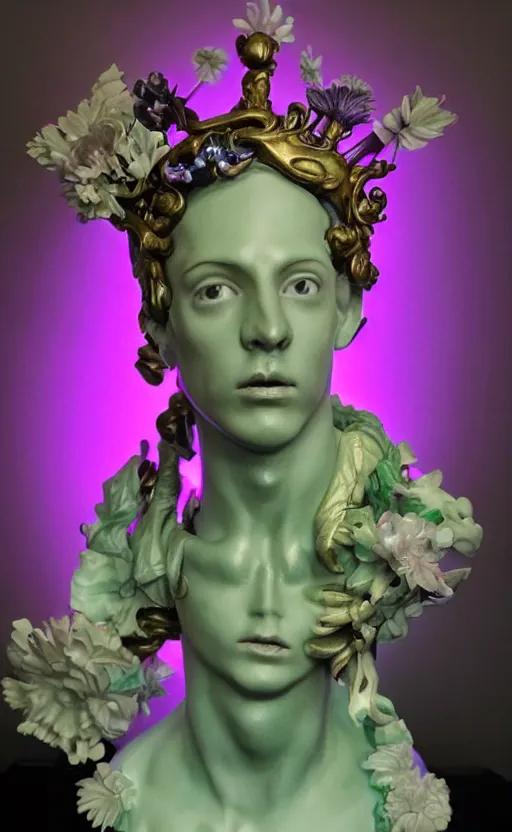 Image similar to a young handsome seductive latino porcelain sculpture of a prince with a head of a CRT monitor and a large glowing violet crystal in the center of his chest, full-body bronze cyberpunk style statue of Andromeda with glowing green laser eyes, crown of mechanical chrysanthemums, flowing aqua silk, fabric, steampunk flowers. baroque elements, human hands. full-length view. baroque element. intricate artwork by caravaggio. many flying horses on background. Trending on artstation, octane render, cinematic lighting from the right, hyper realism, octane render, 8k, depth of field, 3D