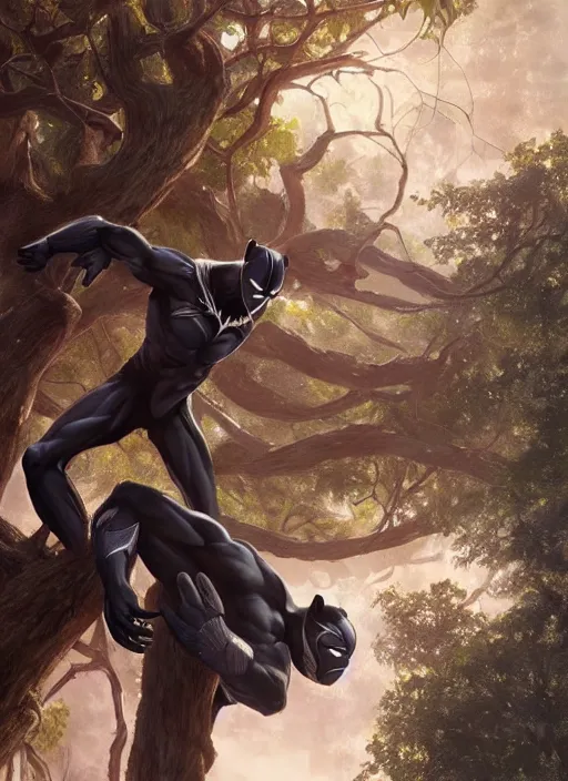 Prompt: Black Panther in a tree looking directly at you, octane render, concept art, smooth, sharp focus, illustration, sigma, rule of thirds, from Marvel Studios, by Ruan Jia and Mandy Jurgens and William-Adolphe Bouguereau, Artgerm