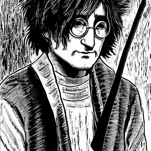 Prompt: pen and ink!!!! attractive 22 year old monochrome!!!! John Lennon highly detailed manga Vagabond!!!! telepathic floating magic swordsman!!!! glides through a beautiful!!!!!!! battlefield magic the gathering dramatic esoteric!!!!!! pen and ink!!!!! illustrated in high detail!!!!!!!! graphic novel!!!!!!!!! by Gustav Klimt, Moebius, and Hiroya Oku!!!!!!!!! MTG!!! award winning!!!! full closeup portrait!!!!! action manga panel