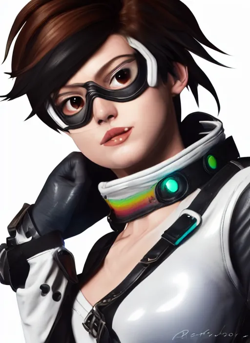 Image similar to portrait bust digital artwork of tracer overwatch, wearing white iridescent rainbow latex and leather straps catsuit outfit, 4 k, expressive happy smug expression, makeup, in style of mark arian, angel wings, wearing detailed black leather collar, chains, black leather harness, detailed face and eyes,