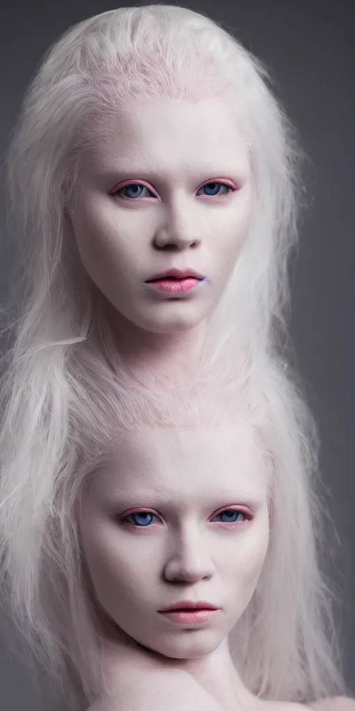 Prompt: photo portrait of a female albino model with white hair and pink eyes and pale skin