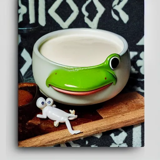 Prompt: cookbook photo of a bowl of milk with a frog sitting in it