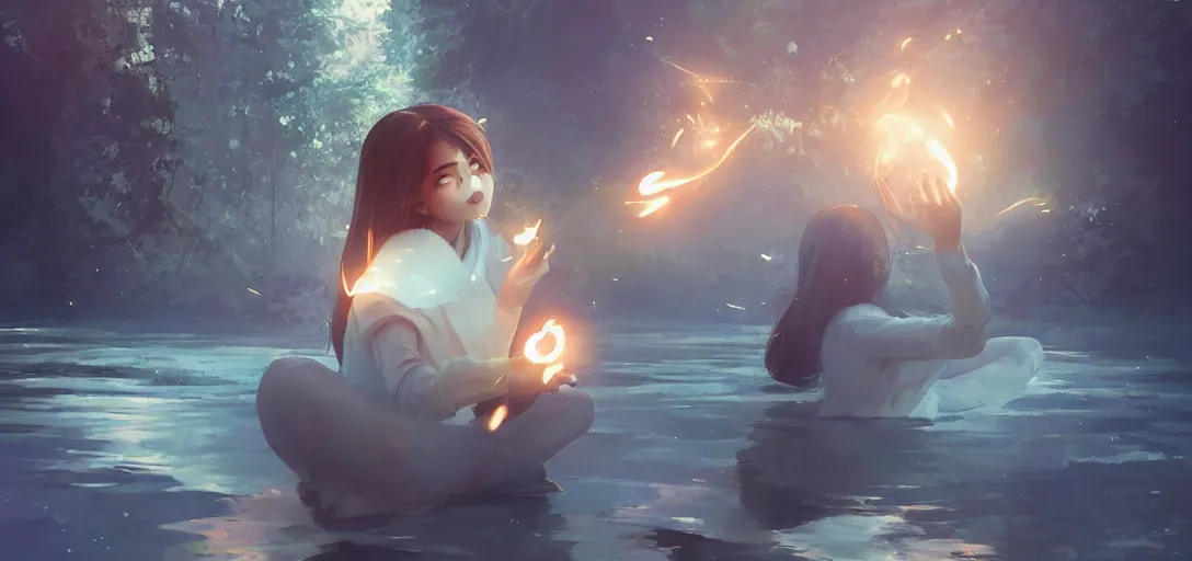 Image similar to Young Himalayan woman floating amused using psychic powers to make a lighter float| night time scene, plain walls |light hearted, white eyes, long messy hair | gentle lighting, futuristic, dim lighting, digital art by Makoto Shinkai ilya kuvshinov and Wojtek Fus, digital art, concept art,