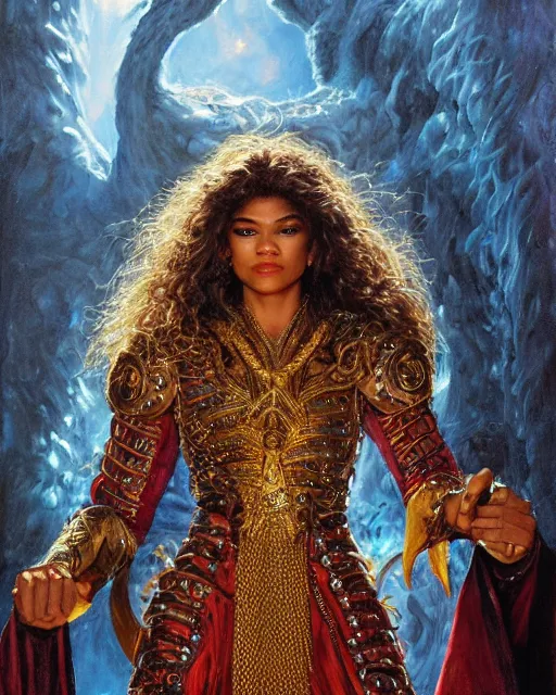 Image similar to detailed portrait of Zendaya as a powerful dungeons and dragons wizard, wearing gilded robe, intricate, hyper detailed, realistic, oil painting, by jeff easley, boris vallejo, cinematic lighting