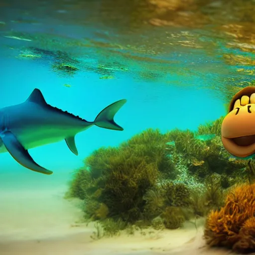 Prompt: professional beach underwater photo similar to level of donkey kong country, by discovery magazine, sand waves, real swordfish underwater, real life, photorealistic, soft focus, long exposure