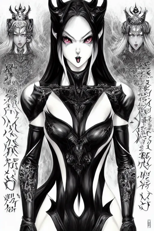 Prompt: one beautiful demon queen woman only, evil grin, manga style only, black white and green colors only, symmetrical face, symmetrical full body, demonic, dramatic, powerful, super detailed and intricate, hyper realistic, 4 k render, by artgerm, by kyoung hwan kim, by ralph mcquarrie, by yoshiyuki tomino