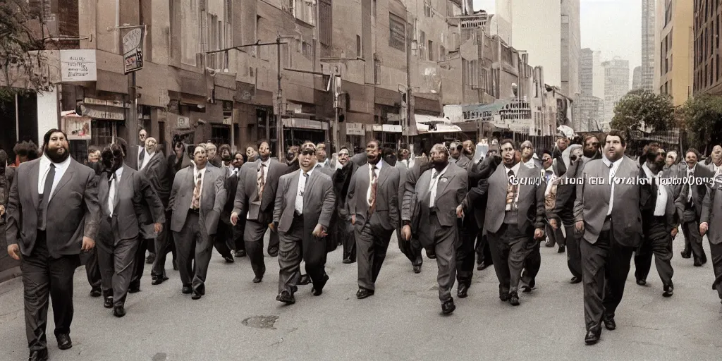 Prompt: A large group of chubby men in suits and neckties parading through the street canes, overcast day, 1990s, color.