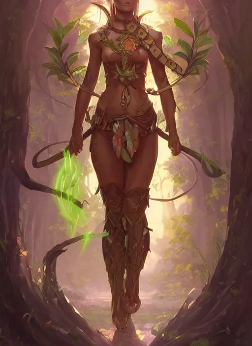 Image similar to innocent cute Tiefling Druid with long horns, colorful leaves on light leather armor, glowing tree staff, light-brown skin, highly detailed, digital painting, artstation, concept art, sharp focus, illustration, art by artgerm and greg rutkowski and alphonse mucha