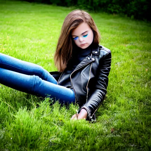 Image similar to young girl lies on a meadow, she wears leather jacket, jeans and black boots, sharp focus, photo taken by nikon, 4 k,