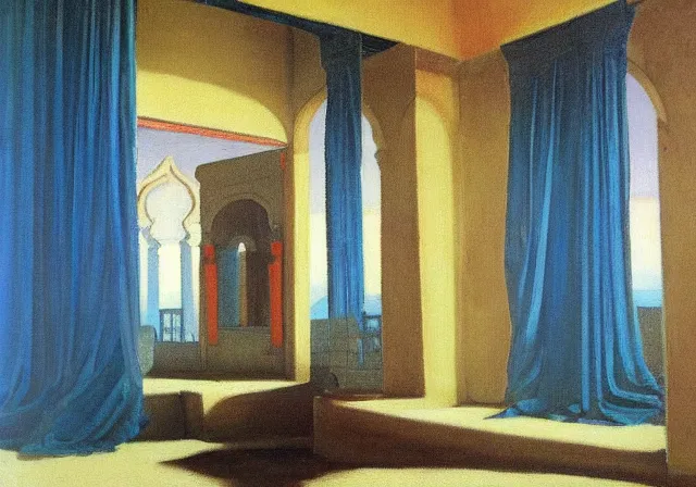 Image similar to a detailed oil painting of a arabian french large ball room, pillar, ominous,, curtains, by nicholas roerich, by gustave moreau, by frank frazetta, by hans emmenegger, by bruce pennington, by eyvind earle, moisture, grainy, highly detailed, realistic, outline, line,