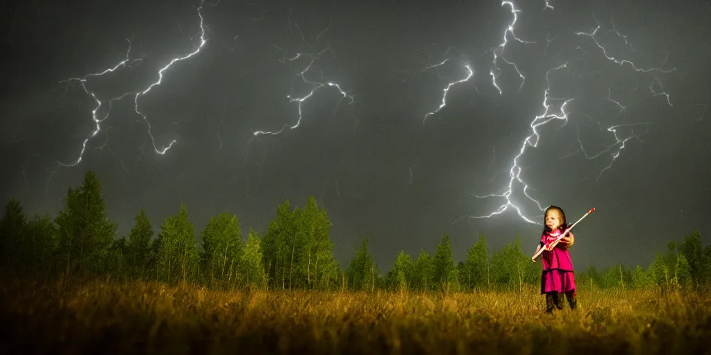 Image similar to young girl playing flute in the middle of a birch forest during a storm at night, lightning dragons race down toward her, low angle facing sky, cinematic, dramatic lighting, high contrast