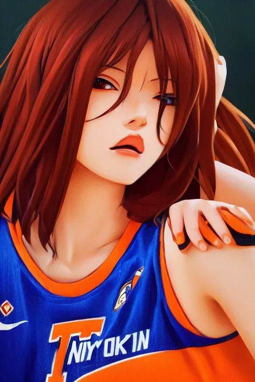 Image similar to A ultradetailed beautiful panting of a stylish anime girl, she is wearing a New York Knicks basketball jersey, Oil painting, by Ilya Kuvshinov, Greg Rutkowski and Makoto Shinkai