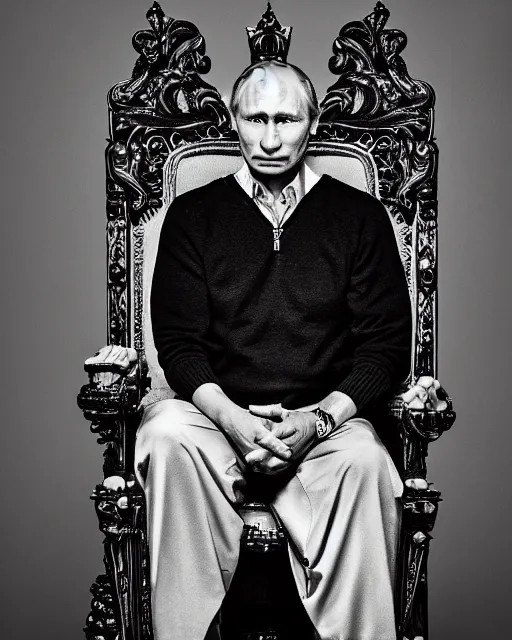 Image similar to A photo of vladimir putin the barbarian sitting on his throne, award winning photography, sigma 85mm Lens F/1.4, perfect faces