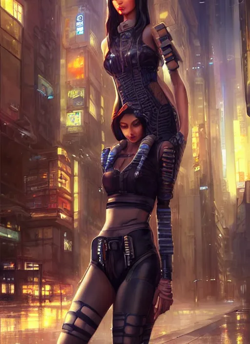 Image similar to a beautiful woman walking through a cyberpunk city, full body, realistic, highly detailed, science fiction portrait by laura sava