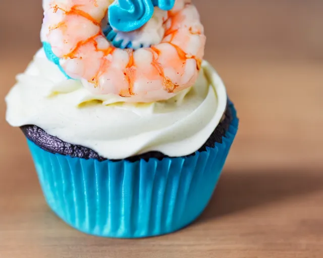 Image similar to dslr food photograph of a cupcake with blue frosting and a shrimp on top, close up, 5 0 mm f 1. 4