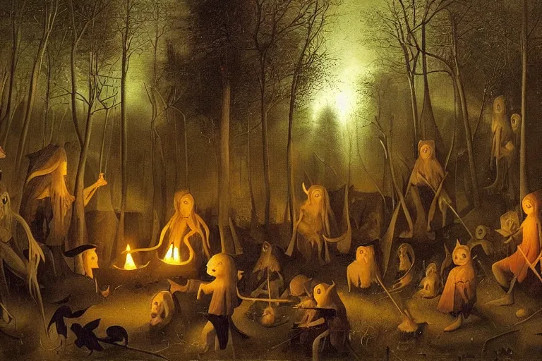 Prompt: dark and spooky painting of a forest dimly lit at night with scary hieronymus bosch goblins and witches holding a ritual by a fire in the woods. muted colour palette, detailed oil painting by asher brown durand