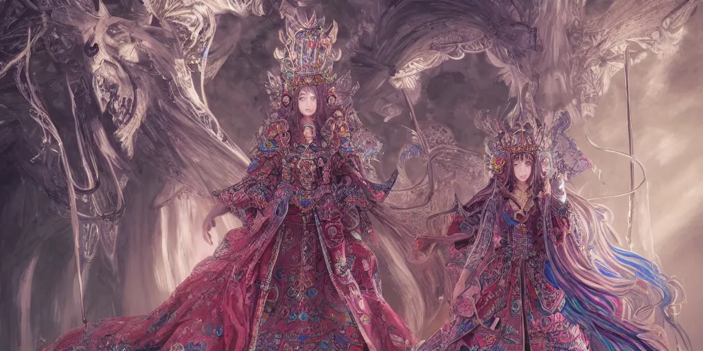 Image similar to an concept art of the korean queen surrounded by magic guards, long hair, makeup, intricate details, detailed face, detailed dress, one face, artstation, epic pose, colourful light, by kentaro miura and vasnetsov