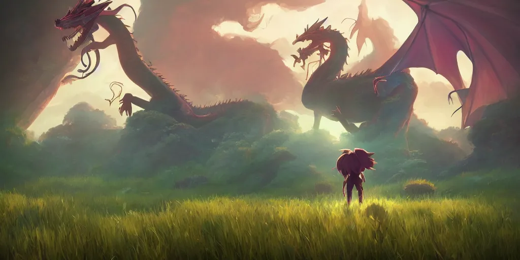 Prompt: A dragon stands in the middle of a meadow, mattepainting concept Blizzard pixar maya engine on stylized background splash comics global illumination lighting artstation lois van baarle, ilya kuvshinov, rossdraws