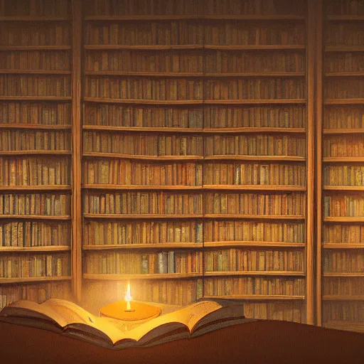 Prompt: library of babel, aestetic, artistic, artstation, cozy, interior, candle light, dramatic lighting, photograph, 4 k