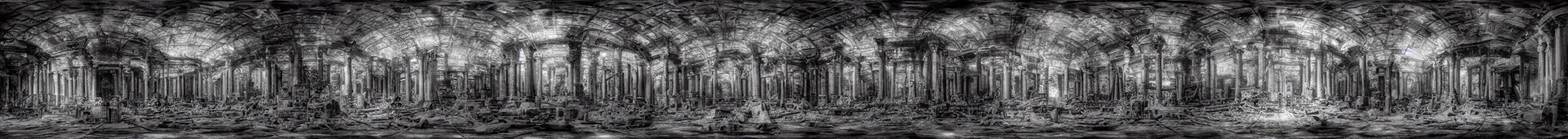 Image similar to photo of an immersive forgotten panopticon well full of eyes, with columns and destroyed cybernetics from an ancient civilization, photorealistic, higly detailed dark, 3 6 0 picture, panorama, 3 5 mm slide, trending on flickr, in the style of francesca woodman, zachary corzine, zhelong xu, greg rutkowski and anders zorn