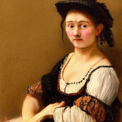 Prompt: a playful black haired, hungarian peasant woman from the 19th century with black lace dress with a hair braid, detailed, high contrast, brown tones, concept art by Rembrandt and Thorma János