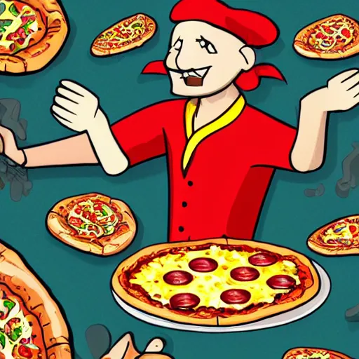 Prompt: a pizza maker with four arms, beautiful fantasy illustration