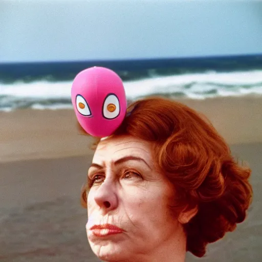 Prompt: middle aged woman with an inflatable toy head on top of her head wearing a dress at the seaside 1976 French film archival footage technicolor film expired film 16mm new wave John Waters