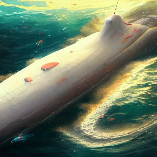 Image similar to subsurface scattering, white, giant submarine, koi colors, never koi, octane render, jesper ejsing, justin gerard, james jean, tomasz alen kopera, cgsociety, fenghua zhong, makoto shinkai, highly detailed, rim light, art, cinematic lighting, very coherent, hyper realism, 8 k