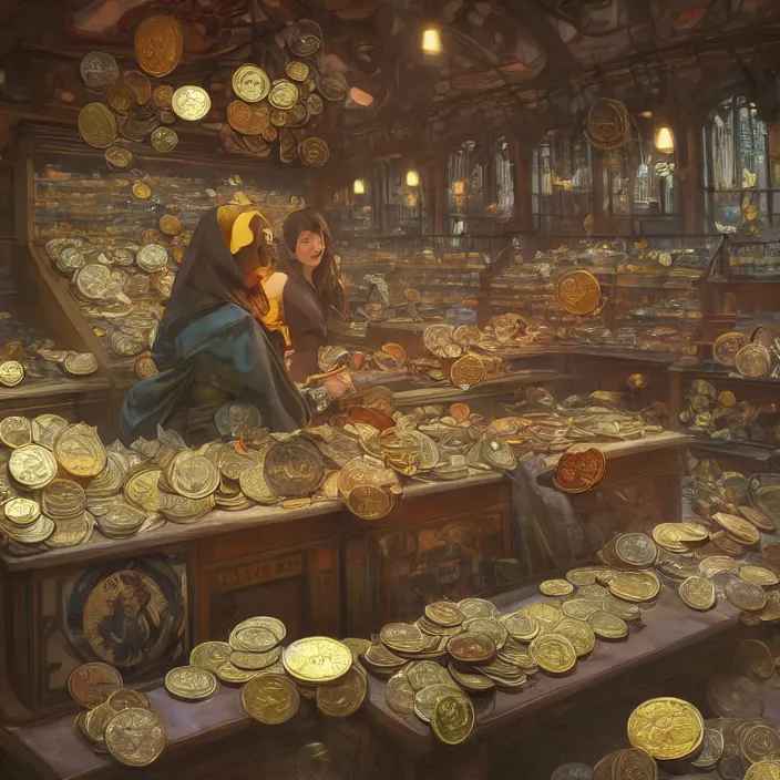 Image similar to modern coin shop with a lot of coins, 4 k, octane, digital painting, artstation, concept art, sharp focus, illustration, art by artgerm and greg rutkowski and alphonse mucha