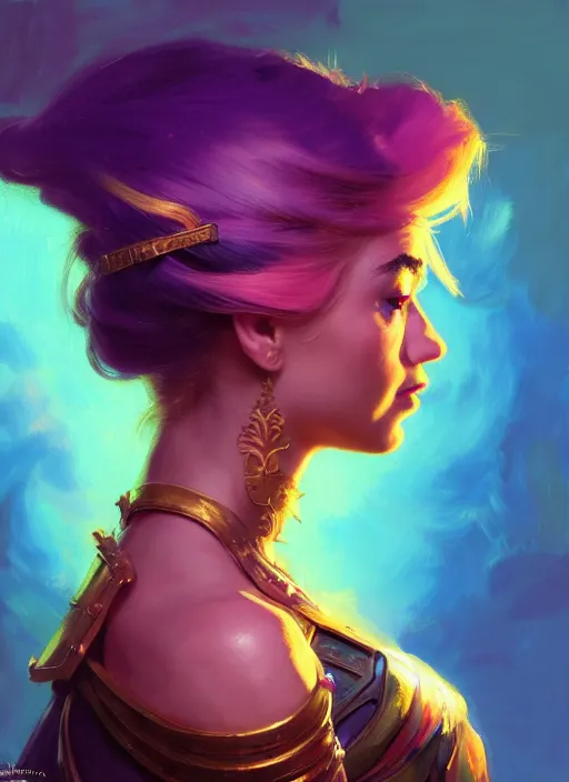 Prompt: side portrait, imogen poots, paladin, gloomhaven, colorful gaudy colors, luminescent, hard edges, bloom, organic painting, by greg manchess, huang guangjian, gil elvgren, greg rutkowski, jesper ejsing, magali villeneuve, artgerm, ilya kuvshinov