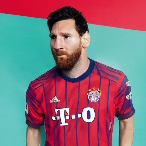 Prompt: a photography of Lionel Messi wearing a Bayern Munich jersey, red background, studio lighting