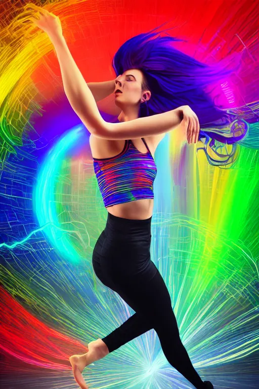 Image similar to a award winning half body portrait of a beautiful woman with stunning eyes in a croptop and leggings with rainbow colored ombre hairstyle head in motion and hair flying while dancing by thomas danthony, surrounded by whirling illuminated lines, outrun, vaporware, shaded flat illustration, digital art, trending on artstation, highly detailed, fine detail, intricate