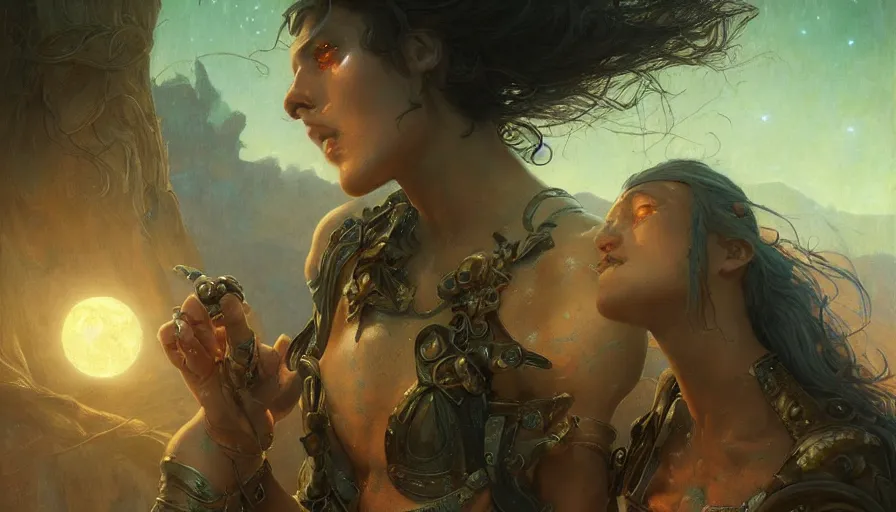 Image similar to epic masterpiece purty, hyperrealistic, octane render, cinematic, night, moon, sweaty skin, magic, by Edgar Maxence and Ross Tran and Michael Whelan, Lorenzo Sperlonga Legends of Runeterra