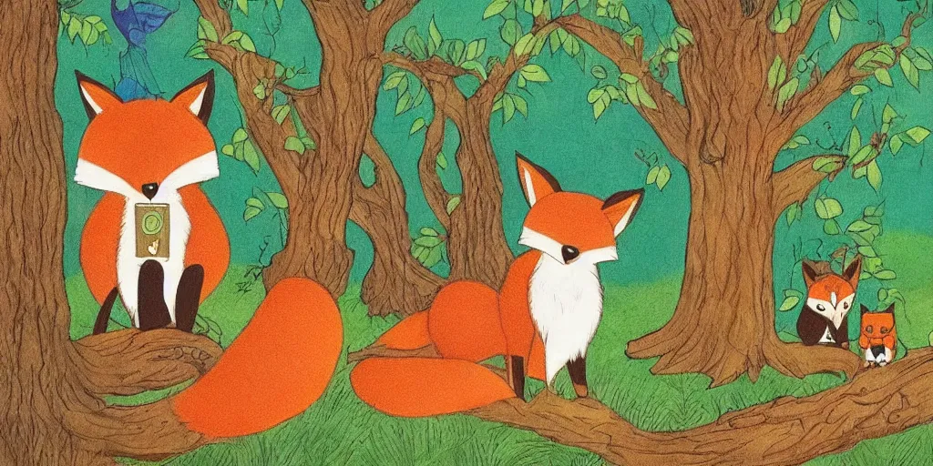 Prompt: a fox is listening to a wise owl. the owl is reading from a book. in a fairytale forest
