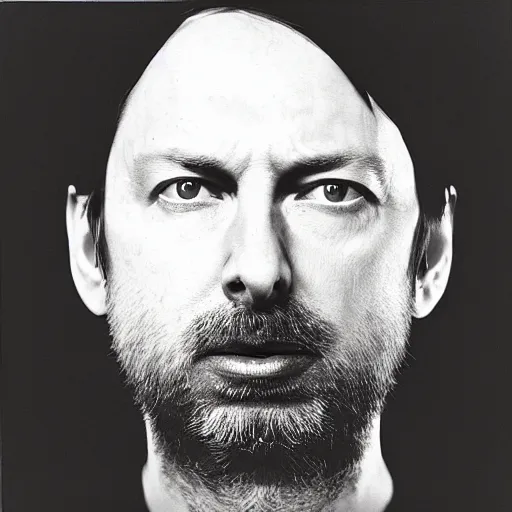 Image similar to Radiohead, with a beard and a black shirt, a computer rendering by Martin Schoeller, cgsociety, de stijl, uhd image, tintype photograph, studio portrait, 1990s, calotype