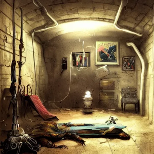 Image similar to detailed room in the sewer lair The room is a clean and delicate room ,over the bed there is a sword rack ,everything is neat ,stack of comics on the floor,soft,light,bright,epic,awesome,digital art, by Simon beak and Greg rutkowski